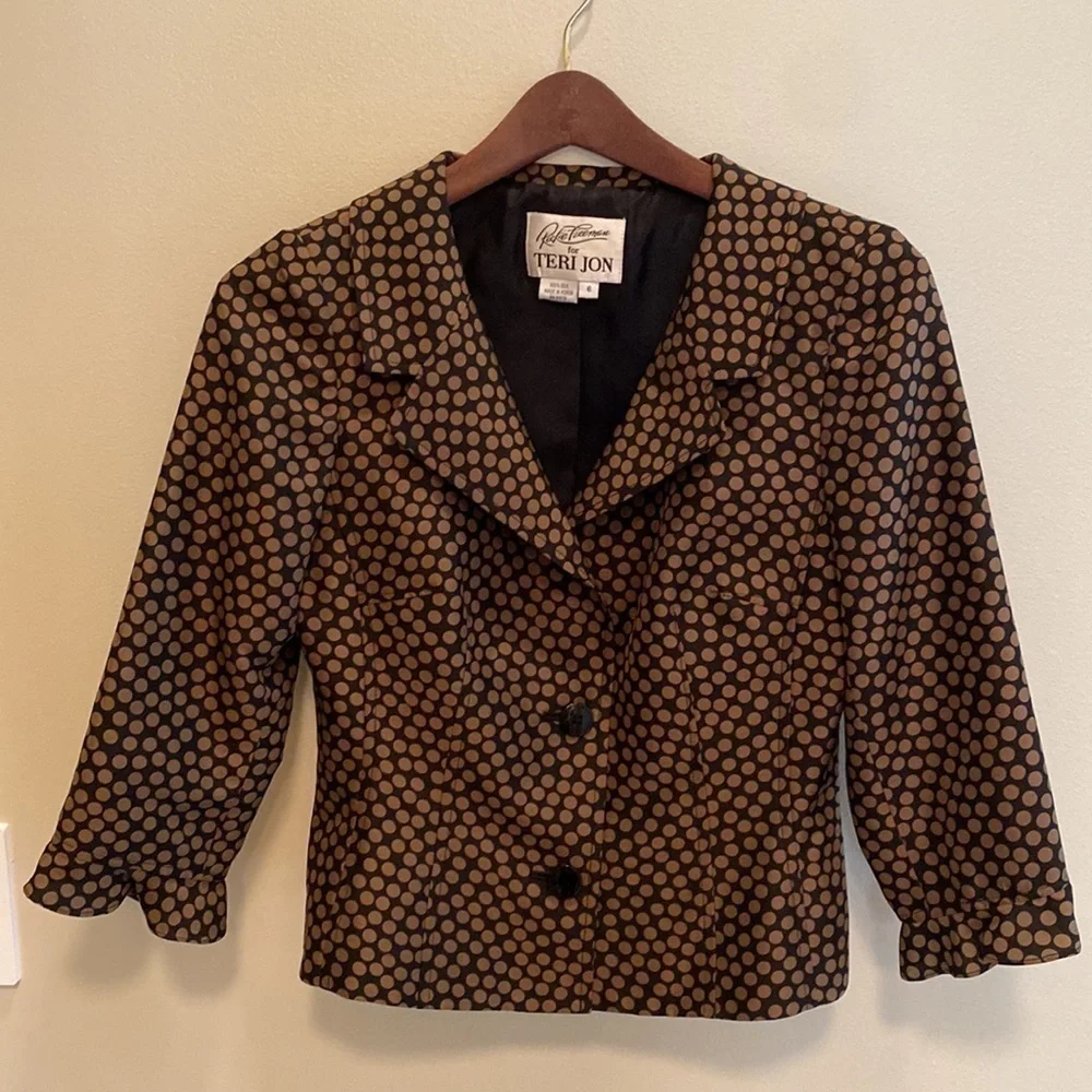 100% Silk Vtg Inspired Jacket 2 Button Polka Dot Chocolate Brown Black 6